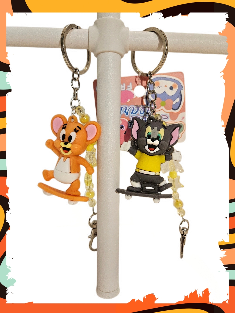 Tom & Jerry Skateboard Keychain Charms (Set Of 2) Orange & Gray